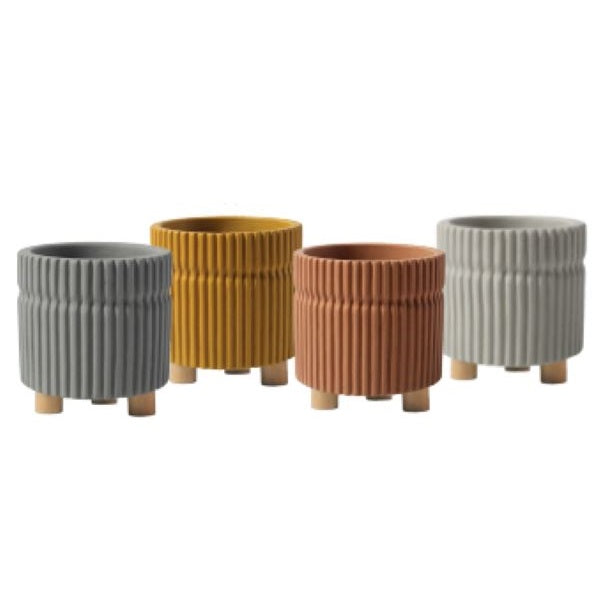 Large Orange Ceramo Ridged Terracotta Pot w Wood Legs product photo