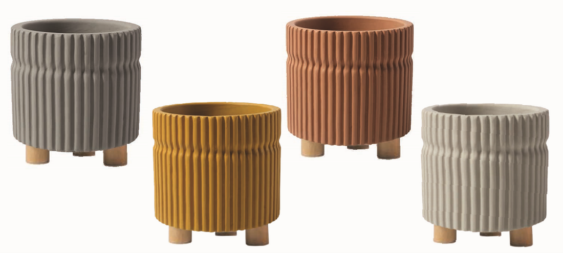 Small Orange Ceramo Ridged Terracotta Pot w Wood Legs product photo